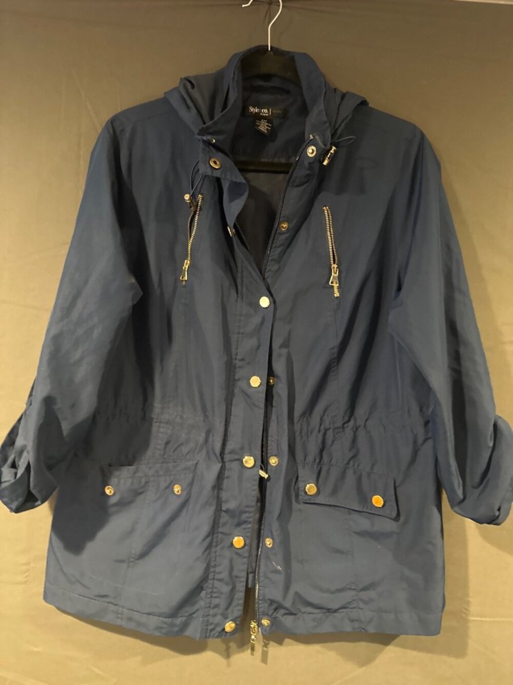 Style & Co Women’s Medium Navy Hooded Anorak Jacket Utility Gorpcore Rain Windbr